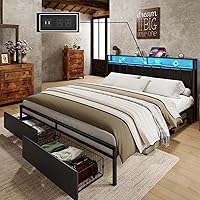 King Bed Frame with 2 Storage Drawers, 2-Tier Storage PU Headboard with Charging Station& LED Lights, Metal Platform Bed/No Box Spring Needed/Noise Free/Black