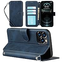 iPhone 12 pro max Wallet Case with Card Holder [RFID Blocking]-with Wrist Strap Lanyard-PU Leather Cover-for Women and Men-iPhone 12 pro max Flip Cell Phone case- Navy Blue