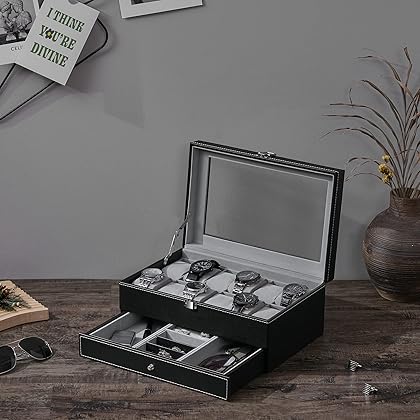 BEWISHOME 12 Watch Box Organizer Case with Jewelry Display Drawer Adjustable Tray Watch Storage Case for Men with Glass Top - Black PU Leather SSH02B
