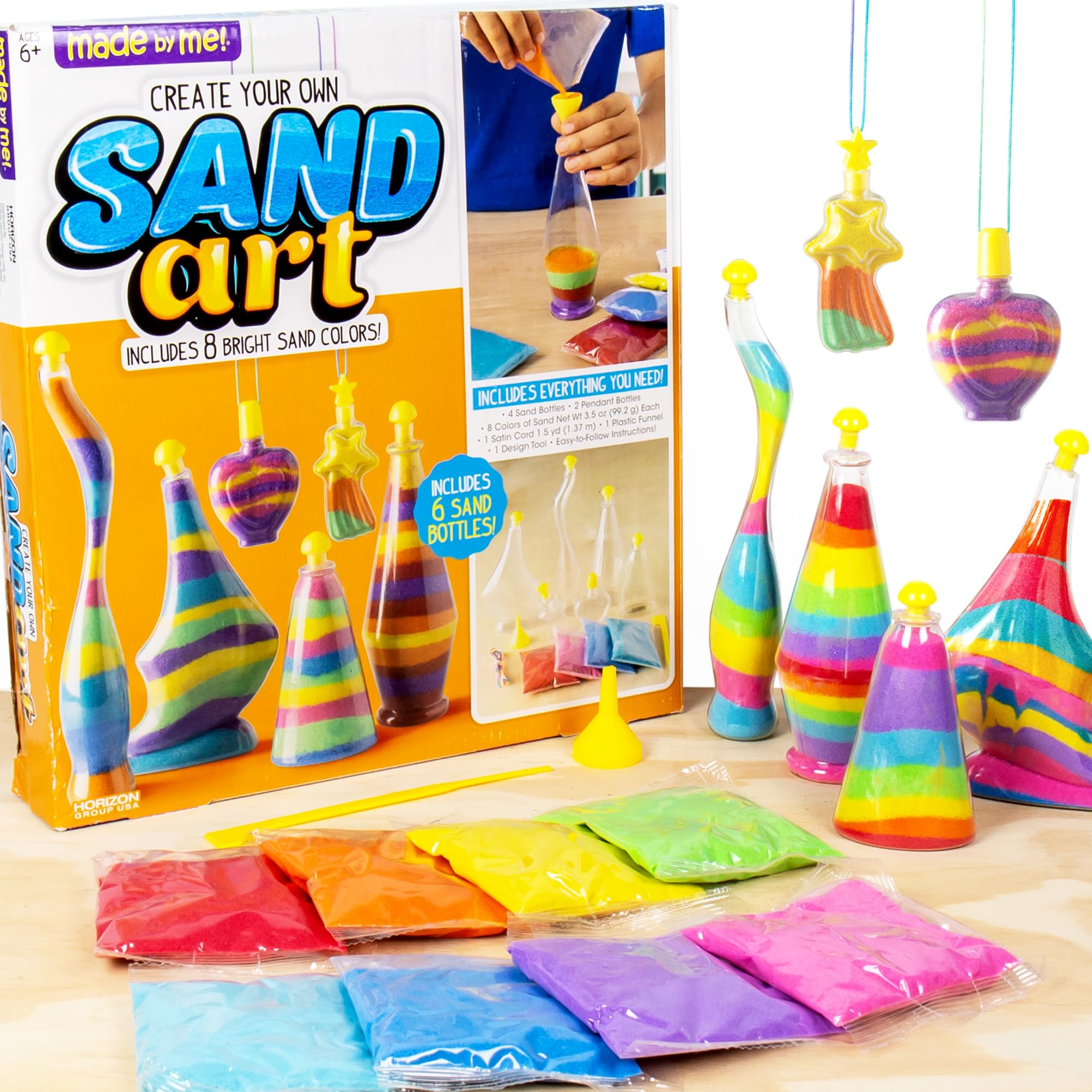 Made By Me Create Your Own Sand Art by Horizon Group Usa, DIY Kit Includes 4 Sand Bottles & 2 Pendent Bottles with 8 Bright Colors, Designing Tool & More. Multicolored