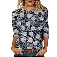 3/4 Sleeve Round Neck Shirt for Women,2024 Casual Fashionable Basic Comfy Printed Shirt,Loose Fit Tropical Shirts