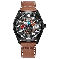 Citizen Men's Eco-Drive Disney Mickey Mouse Baseball Watch, Black IP Stainless Steel with Brown Leather Strap.43mm (Model: BV1089-05W)