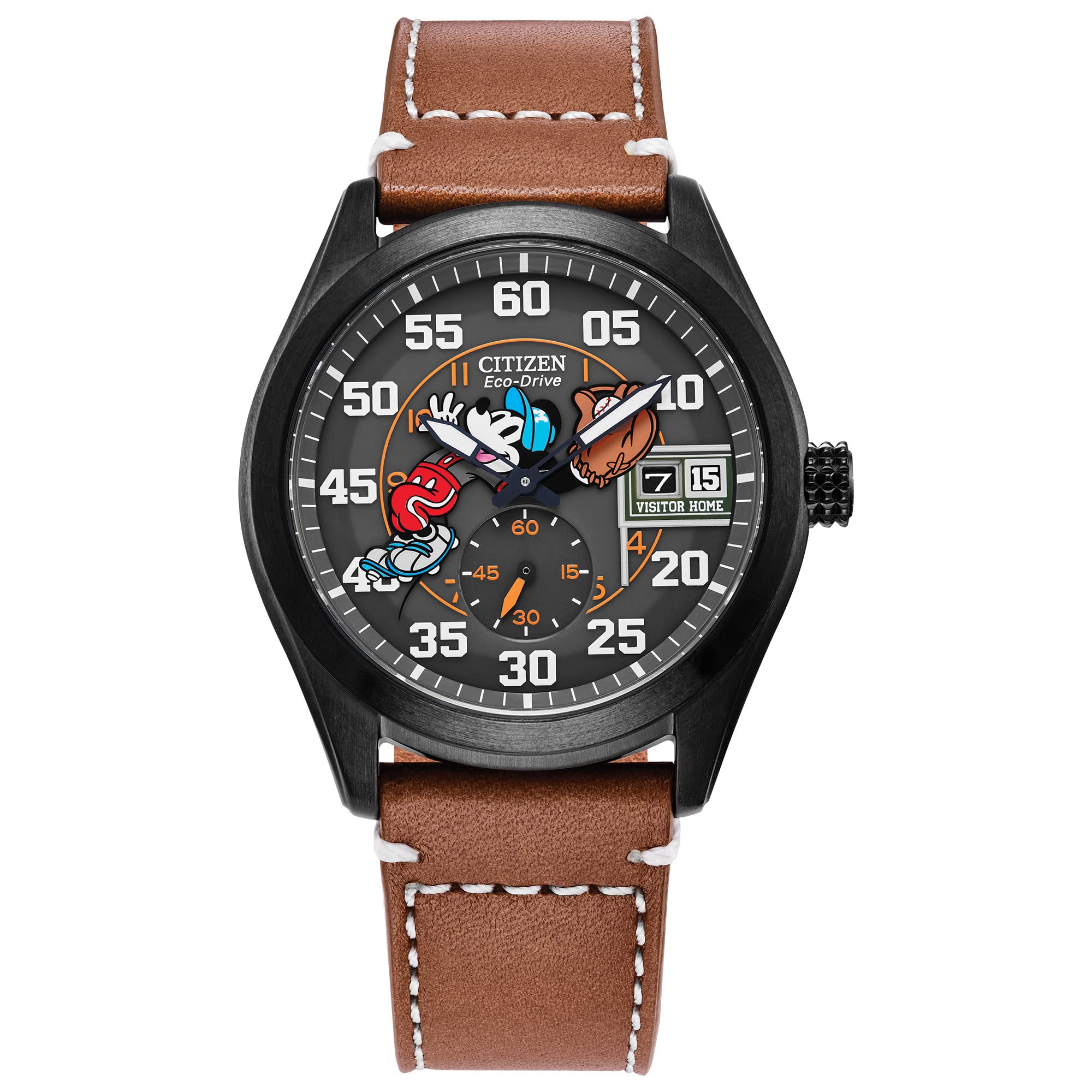 Citizen Men's Eco-Drive Disney Mickey Mouse Baseball Watch, Black IP Stainless Steel with Brown Leather Strap.43mm (Model: BV1089-05W)