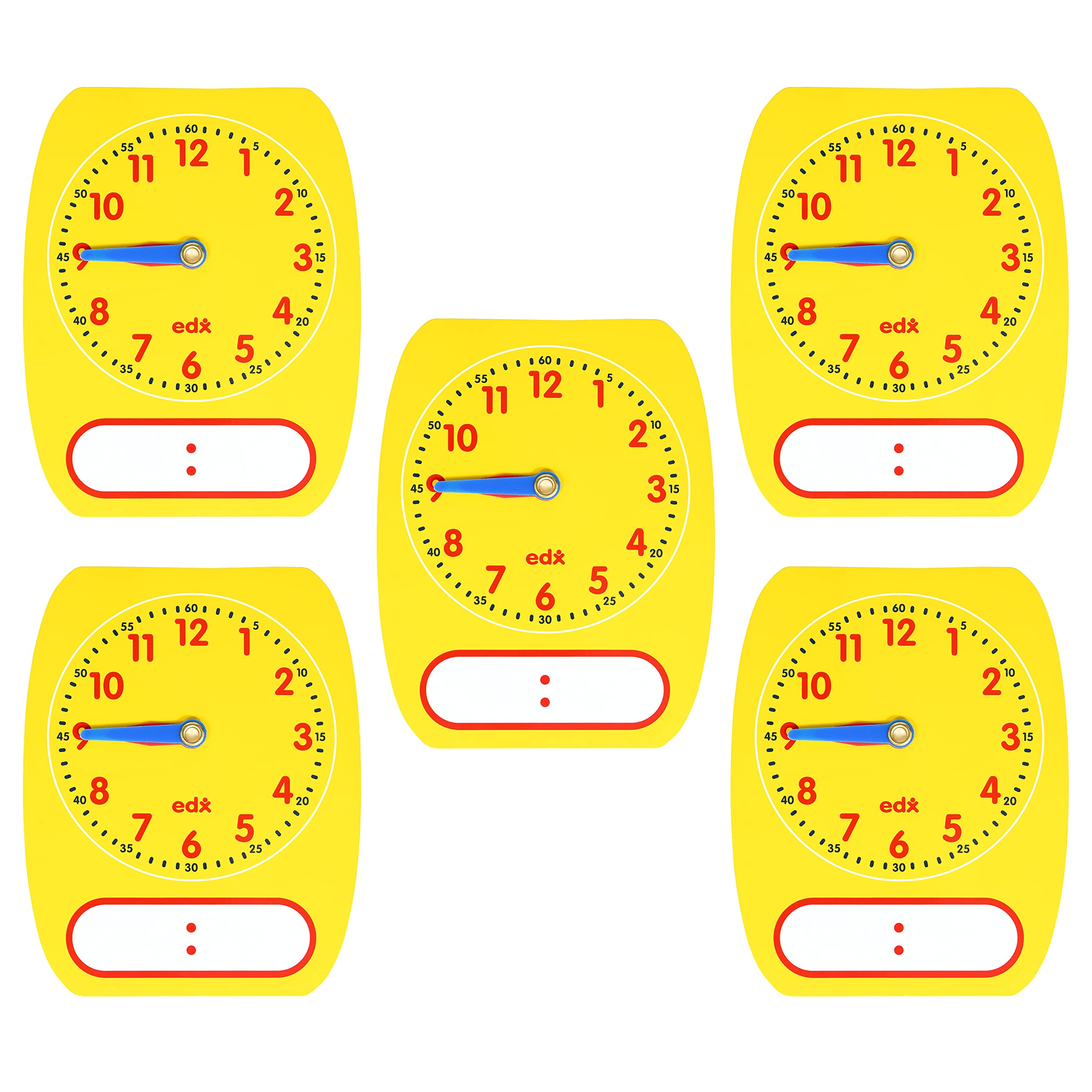 edxeducation Write-On Wipe-Off Clock Dials - Set of 5 - Clock for Kids Learning to Tell Time - Analog Clock with Movable Hands