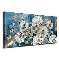 Arjun Flowers Canvas Wall Art White Elegant Modern Picture Gold Foil Rustic Painting Colorful Turquoise Floral Large Teal Artwork for Living Room Bedroom Bathroom Dining Room Home Office Decor 40