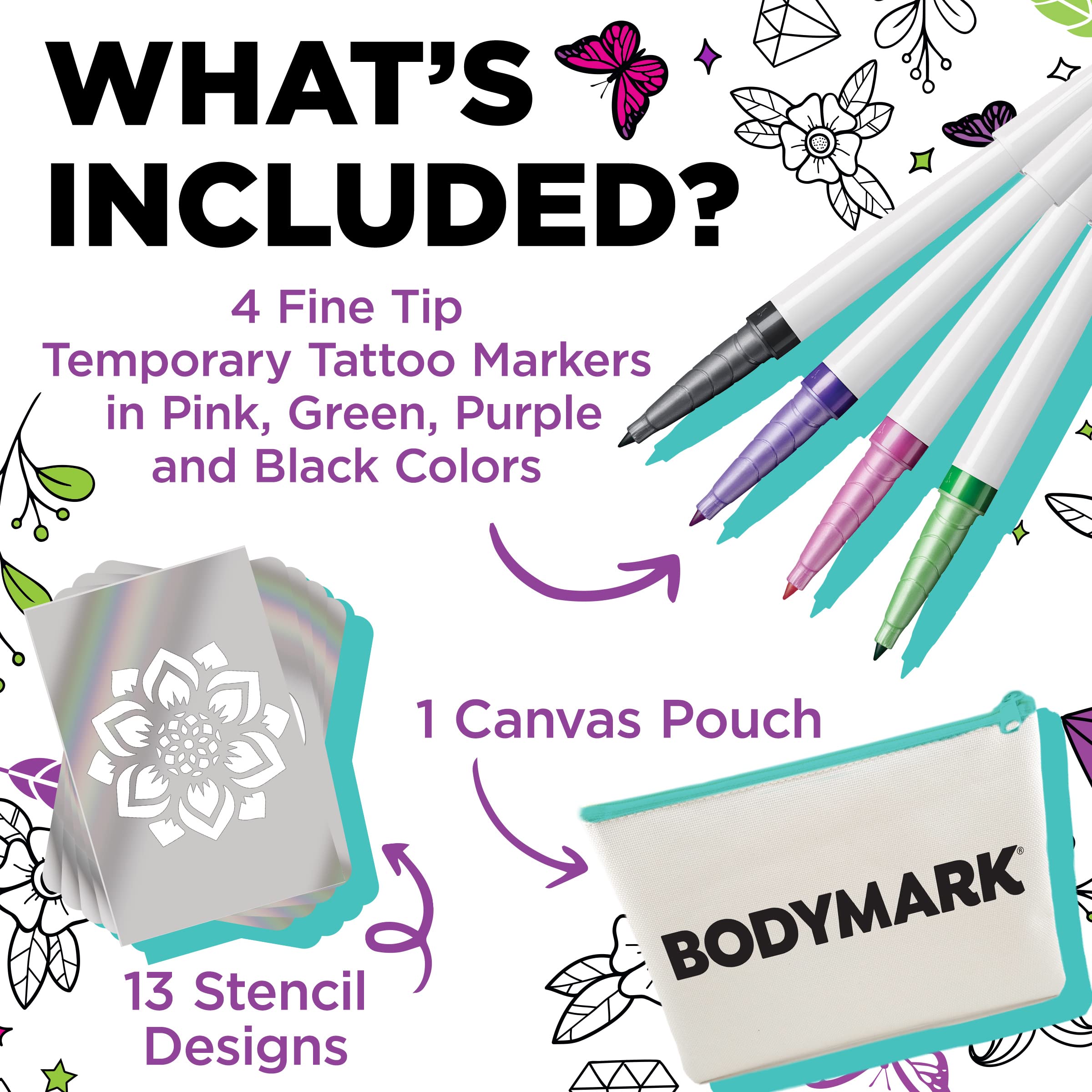 BodyMark Gift Set Temporary Tattoo Marker for Skin, Premium Brush Tip, 4 Count Pack of Assorted Colors and Stencils, Skin-Safe Temporary Tattoo Markers Set