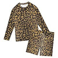 Leopard Floral Boys Rash Guard Sets Long Sleeve Rash Guard Swim Shirt & Swim Bottom Set Swimsuit Bathing Suits Set,3T