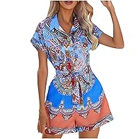Women Hawaiian Lapel Button Down Shirt Rompers Summer Short Sleeve Belted Casual Beach Shorts Jumpsuit with Pockets