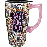 Spoontiques Ceramic Travel Mug Coffee Cup, 18 Oz, Crazy Dog Lady