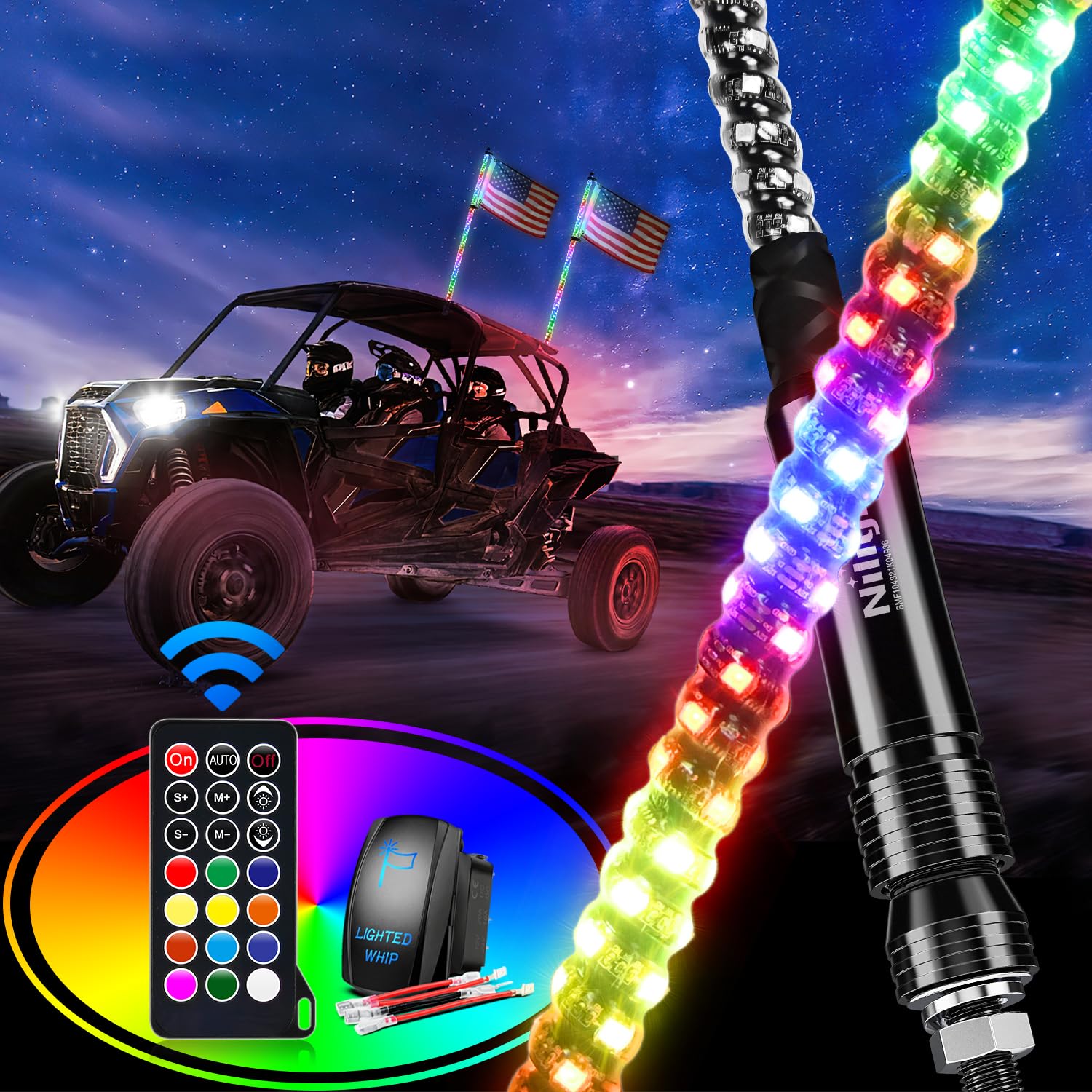 Nilight 2PCS 2FT Spiral RGB Led Whip Light w/RGB Chasing/Dancing Light RF Remote Control Lighted Antenna Whips for Can-am ATV UTV RZR Polaris Dune Buggy 4-Wheeler Offroad Truck, 2 Year Warranty