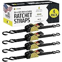 DC Cargo - Retractable Ratchet Strap, 4 Pack (1 inch x 6 feet) - Heavy Duty Tie Down Retractable Ratchet Straps - Easy Self Contained Black Ratchet Strap Tie Downs for Trailers, Vehicles, Boat
