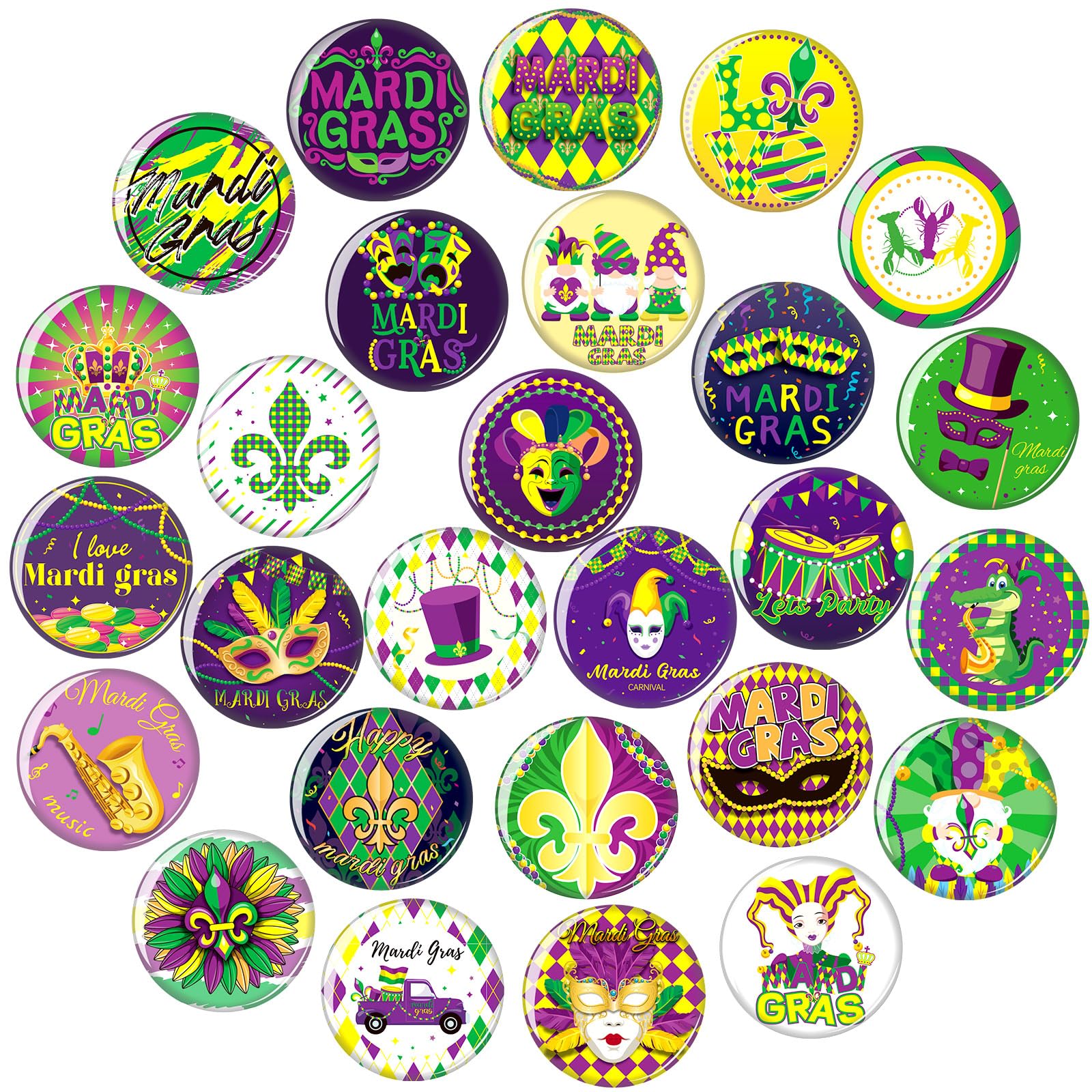 SEPGLITTER Mardi Gras Button Pins, 54pcs Bulk Crown Mask Pattern Tinplate Brooch Pins Badges for Carnival Masquerade Party Favors Mardi Gras Decor Accessories