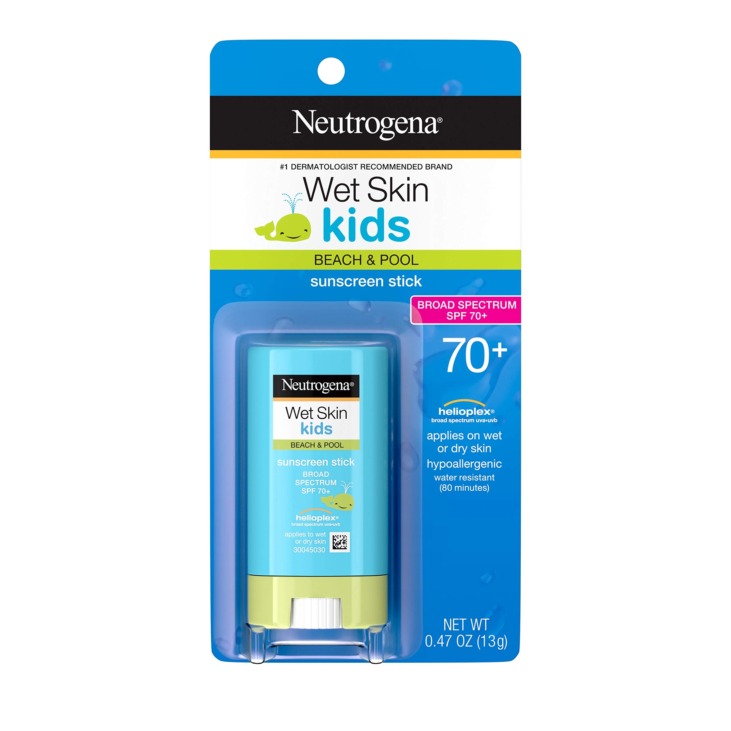 Neutrogena Wet Skin Kids Water Resistant Sunscreen Stick for Face and Body, Broad Spectrum SPF 70, 0.47 oz