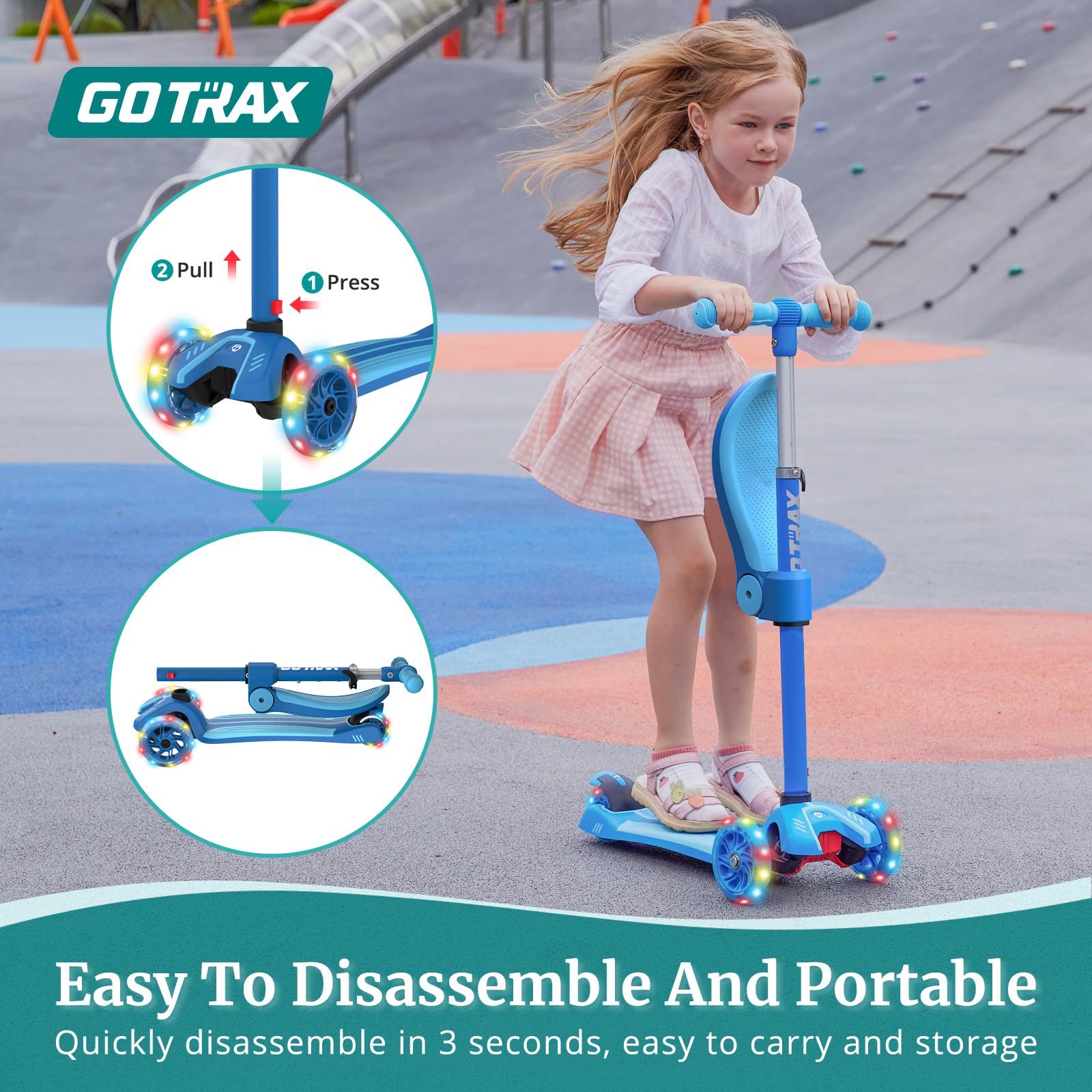 Gotrax KS1/KS3 Kids Kick Scooter, LED Lighted Wheels and 3Adjustable Height Handlebars, Lean-to-Steer & Widen Anti-Slip Deck, 3 Wheel Scooter for Boys & Girls Ages 2-8 and up to 100 Lbs