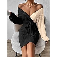 Women's Dress Two Tone Batwing Sleeve Belted Bodycon Dress (Color : Black, Size : Medium)