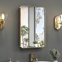 Keonjinn 16 x 24 Inch Gold Medicine Cabinets for Bathroom with Mirror Stainless Steel Framed Surface Modern Farmhouse Rounded Rectangle Single Door Small Wall-mounted Recessed Bathroom Storage Cabinet