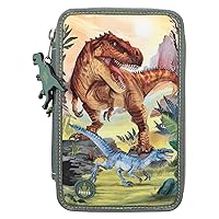 11772 Dino World Filled 3-Compartment Pencil Case with Dinosaur Motif and LEDs, Dark Green Pencil Case with Colouring Pencils, Ruler, Scissors and Much More, Green