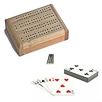 WE Games Wooden Travel Cribbage Board Set, Travel Crib Board with Swivel Top Opening and for Card Storage, 2 Track Cribbage Board Game Set with Cards and Pegs, Mini Board Games for Adults