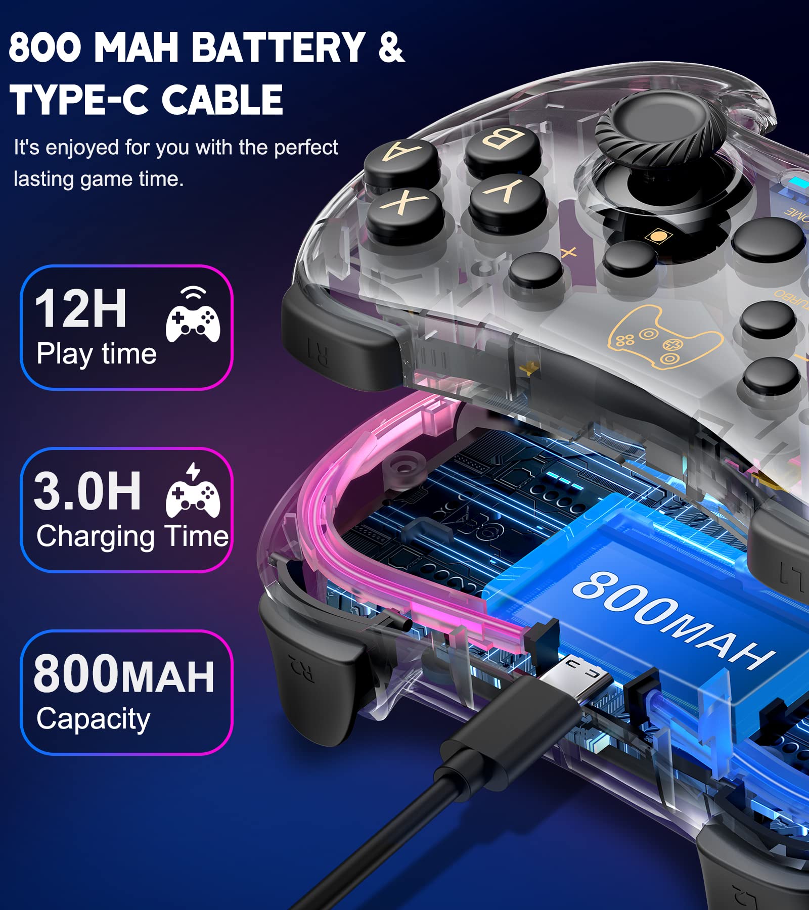 Gammeefy Hall Effect Switch Controller (No Drift, No Deadzone) Compatible with Switch/Lite/OLED & PC/iOS/Android, Clear RGB Lightning Switch Pro Controller Supports App with Turbo, Wake-up Features