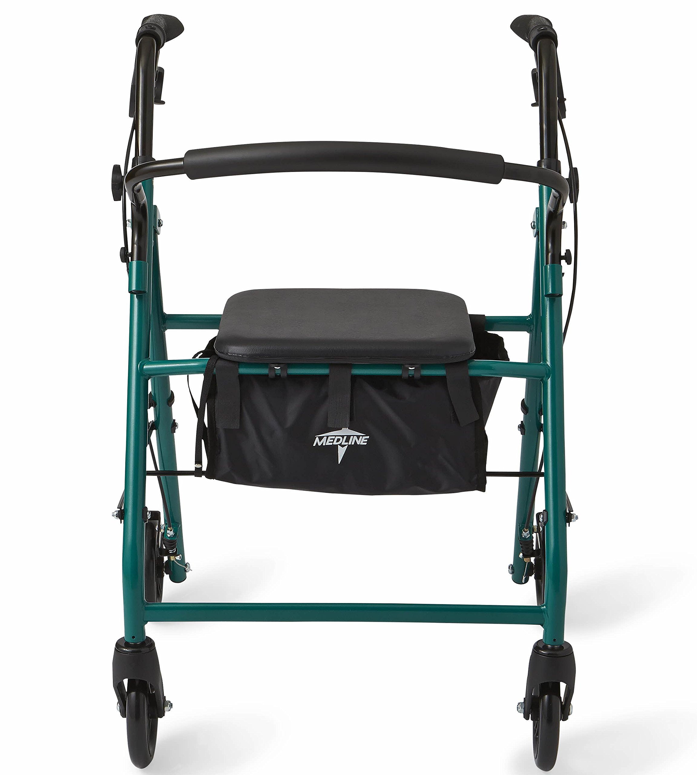 Medline Steel Foldable Adult Transport Rollator Mobility Walker with 6” Wheels, Green