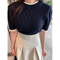 Women's Tops Women's Shirts Sexy Tops for Women Contrast Trim Cable Knit Top (Color : Navy Blue, Size : Medium)