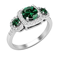 Dazzlingrock Collection Round Lab Created Gemstone & Natural White Diamond Ladies 3 Stone Halo Style Engagement Ring, 925 Sterling Silver