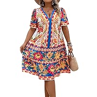 OYOANGLE Women's Plus Size Boho Floral Print High Waist V Neck Flared A Line Short Dress Blue Red Floral 3XL