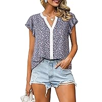 Gaharu Women's Notch V Neck Short Sleeve Chiffon Shirts Casual Lace Blouse Top