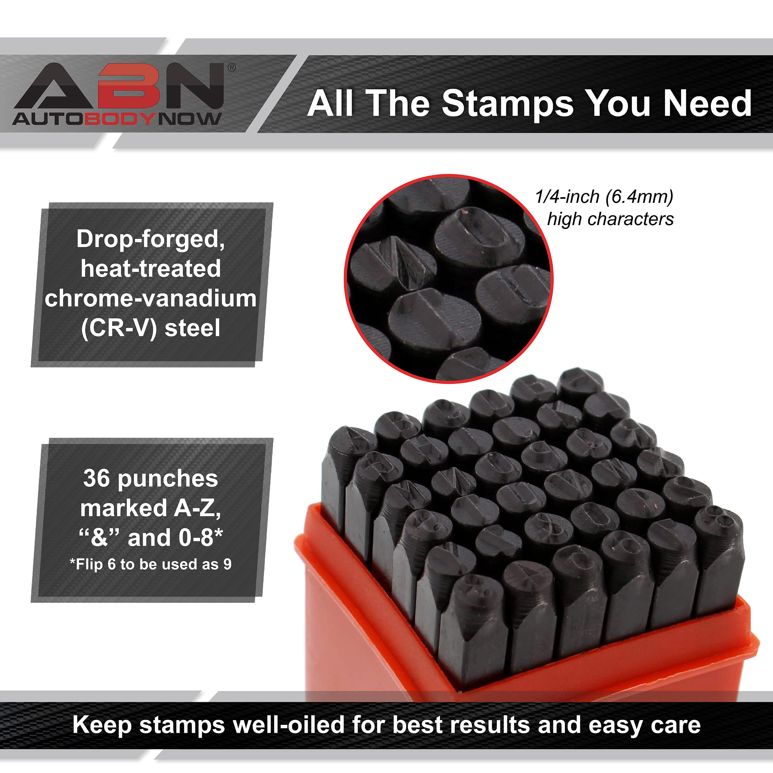 ABN Metal Large 1/4in Stamping 36-Piece Tool Kit – Alphabet, Numbers, Symbols Steel Embossing & Engraving Stamp Set
