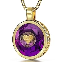 NanoStyle Gold Plated Silver I Love You Necklace Pure Gold Inscribed in 120 Languageson Round Cut Dark Purple Cubic Zirconia Gemstone Anniversary Birthday Gift Pendant, 18
