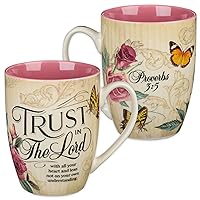 Christian Art Gifts Ceramic Scripture Coffee & Tea Mug for Women, 12 oz Inspirational Bible Verse - Trust in the Lord - Proverbs 3:5 w/Gold Accents, Rose Floral Cute Butterfly, Pink/Tan