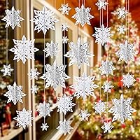 24 Pcs Christmas Hanging Snowflake Decorations 12 pcs 3D Large Silver Snowflake Ornaments & White Paper Snowflake Garland for Christmas Winter Wonderland Decorations Frozen Birthday Party Supplies