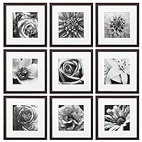 eletecpro 12x12 Picture Frames Set of 9, Displays 8x8 Photo with Mat or 12x12 No Mat, Walnut Gallery Wall Frame Set, Square Photo Frames Collage Wall Decor, Wall Frames for Home Decor
