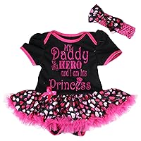 Petitebella Daddy is My Hero Black Bodysuit Hot Pink Hearts Tutu Baby Dress Nb-18m