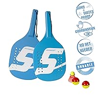 Speedminton Light Wooden Beach Paddle 2 Player Set - Incl. 2 Balls & 1 Original Fun Speeder Birdie - Perfect Alternative to Smashball & Beach Tennis, Blue (SM01-PADDLE-12)