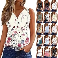 Womens Workout Tank Tops, Tank Top for Women Summer Ladies Sleeveless Tshirts Casual Henley Vneck Button Print Camis