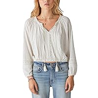 Lucky Brand Women's Embroidered Peasant Lace Trim Top