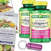Spring Valley Highly Absorbable Collagen + Vitamin C Tablets Dietary Supplement 2,500 mg 90 Ct 2 pk Choice Bundle (180 Total) + Vitamin Guide & Pill Container (4 Items)!