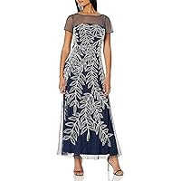 JS Collections Women's Illusion Neck Short Sleeve Gown with Large Pearl Leaves