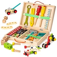 KIDWILL Tool Kit for Kids, Wooden Toddler Tools Set Including Tool Box & DIY Stickers, Montessori Educational STEM Construction Toys for 3 4 5 6 7 Years Old Boys Girls, Best Birthday Gift for Kids