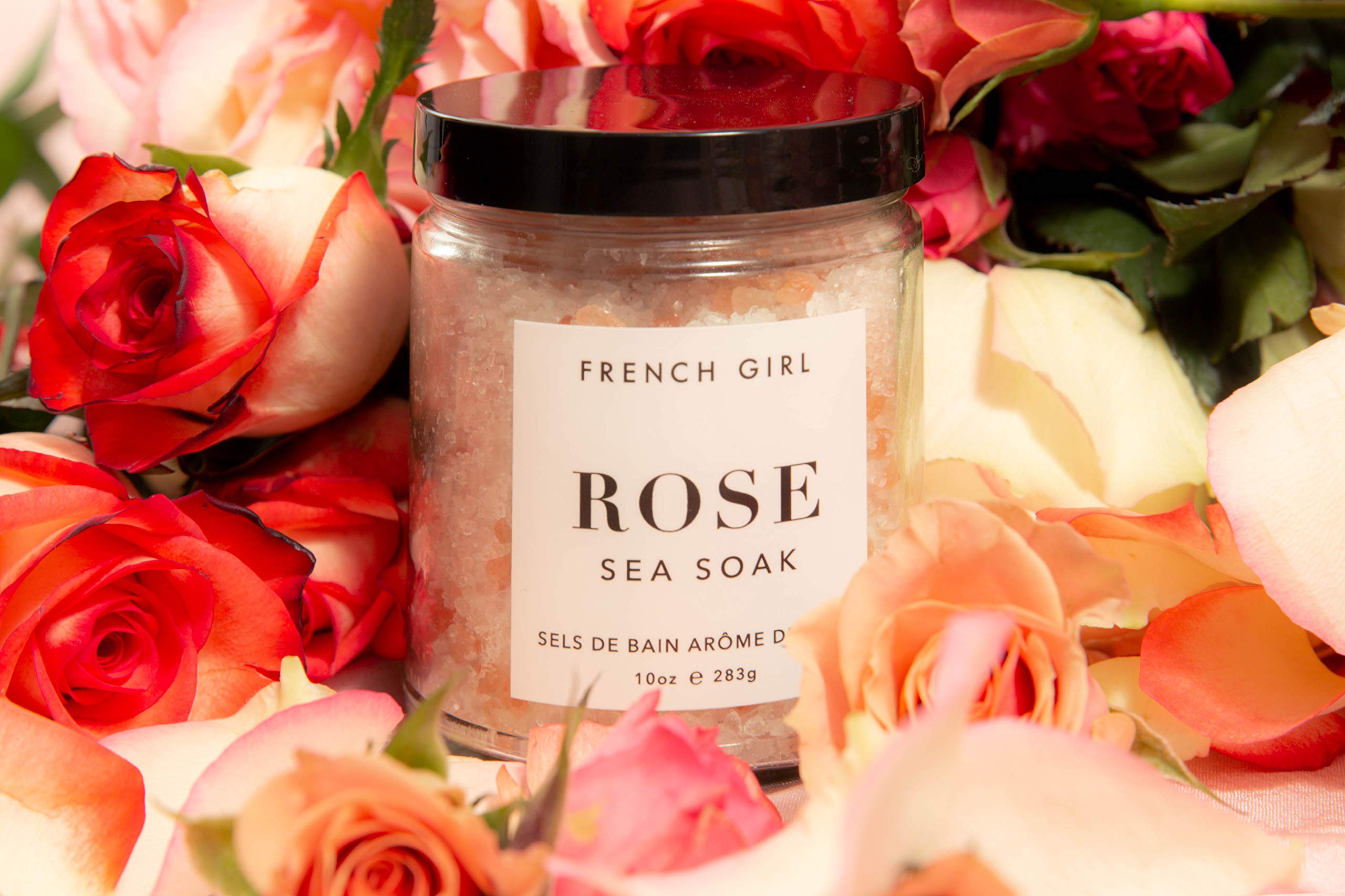 French Girl Rose Sea Soak - Calming Bath Salts 10 oz/300 ml - Aromatherapeutic Blend of French Sea Salt, Himalyan Pink Salt & Epsom Salts, for a Calming, Relaxing Bath