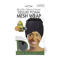 DONNA DELUXE FOAM MESH WRAP OLIVE + VITAMIN E TREATED, Curly Hair Care Essentials Face Wash, Makeup, and Headband for Women BLACK Color
