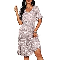 nclook Womens Summer Casual Dress Sweet & Cute V-Neck Slim Fit Midi Dress with Pocket Short Sleevele Ruffle Dress