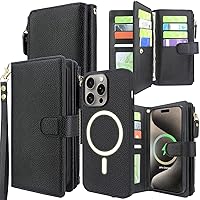 Harryshell Detachable Magnetic Case Wallet for iPhone 15 Pro Max Compatible with MagSafe Wireless Charging Protective Phone Cover Multi Card Slots Cash Coin Zipper Pocket Wrist Strap (Black)