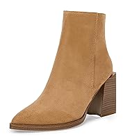 Womens Pointed Toe Ankle Boots Chunky Block Stacked Mid Heel Slip On Booties