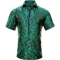 Hi-Tie Men's Jacquard Paisley Silk Green Dress Shirt Casual Button Down Short Sleeve Beach Summer Shirt Regular Fit Floral Shirt(3X-Large)