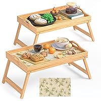 2 Pack Bamboo Bed Tray Table, Breakfast Tray w/Removable Bamboo Mat & Folding Legs & Handles, Bed Trays for Eating & Reading…