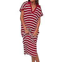 ZESICA Women's Summer Striped Maxi Dress 2024 Casual Short Sleeve V Neck Loose Knitted Side Slit Long Sweater Dresses