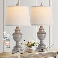 Gray Table Lamps for Bedroom Set of 2 with USB Port, Vintage 3-Way Dimmable Touch Control Nightstand Lamps, Bedside Lamps for Living Room, Farmhouse Lamps with Tapered Linen Drum Shade, Bulbs Included