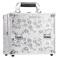Makeup Train Case Portable Cosmetic Box Organizer 4 Trays Aluminum Makeup Case Storage with Divider Lockable for Makeup Artist, Crafter, Makeup Tools Elagant Silver Rose